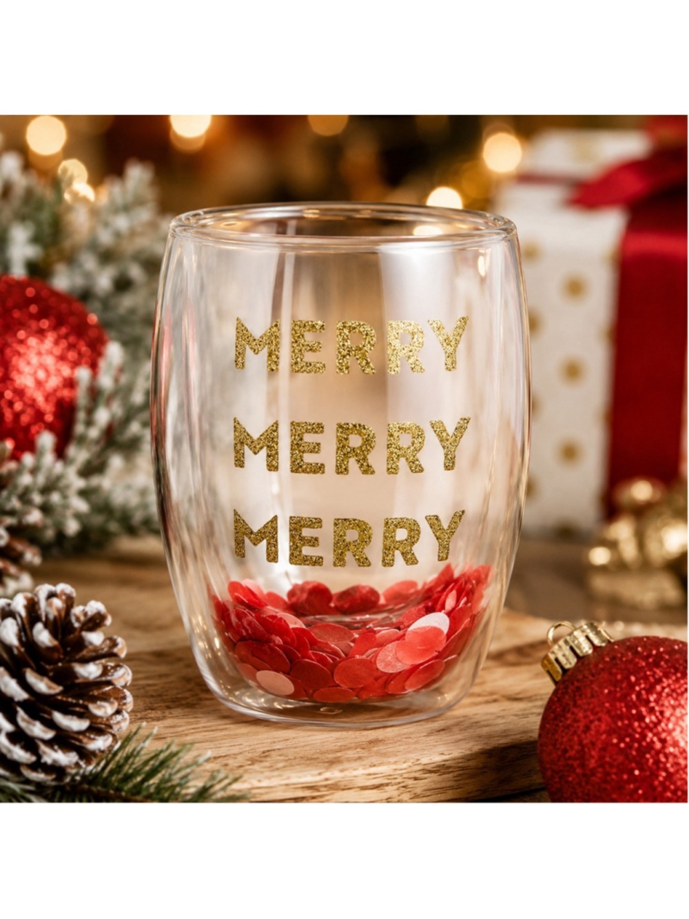 Merry Merry Merry Double Wall Stemless Glass | 10 oz Holiday W